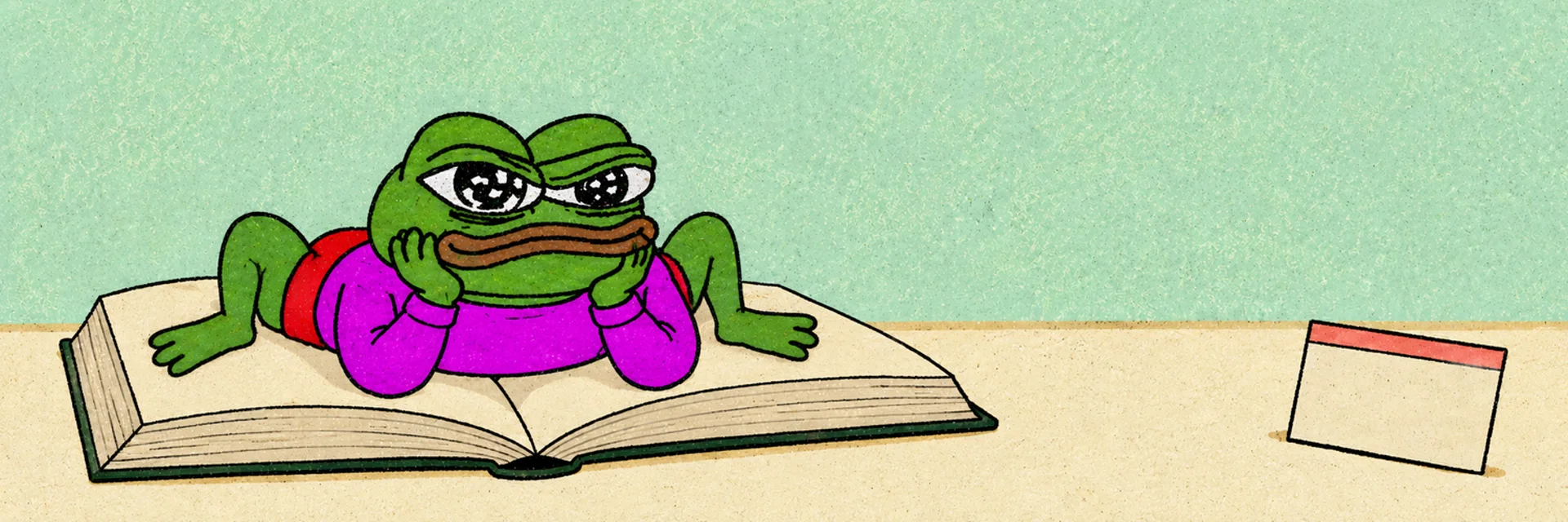 A frog in a magenta sweater lying on an open library book, chin in hands, next to a red date-due card.